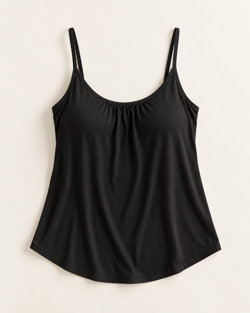 Black Everyday Tank with built-in bra laid flat on a light background