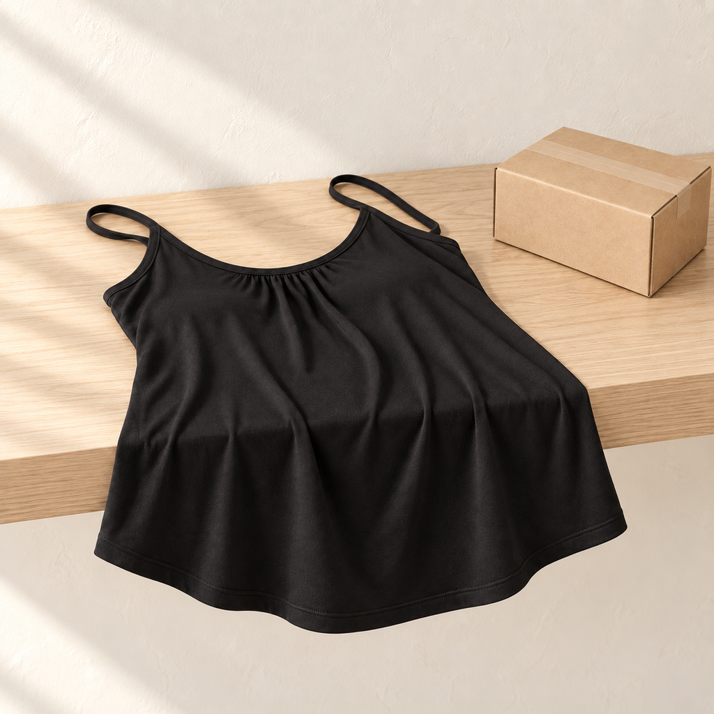 Black Everyday Tank on a wooden shelf next to a shipping box