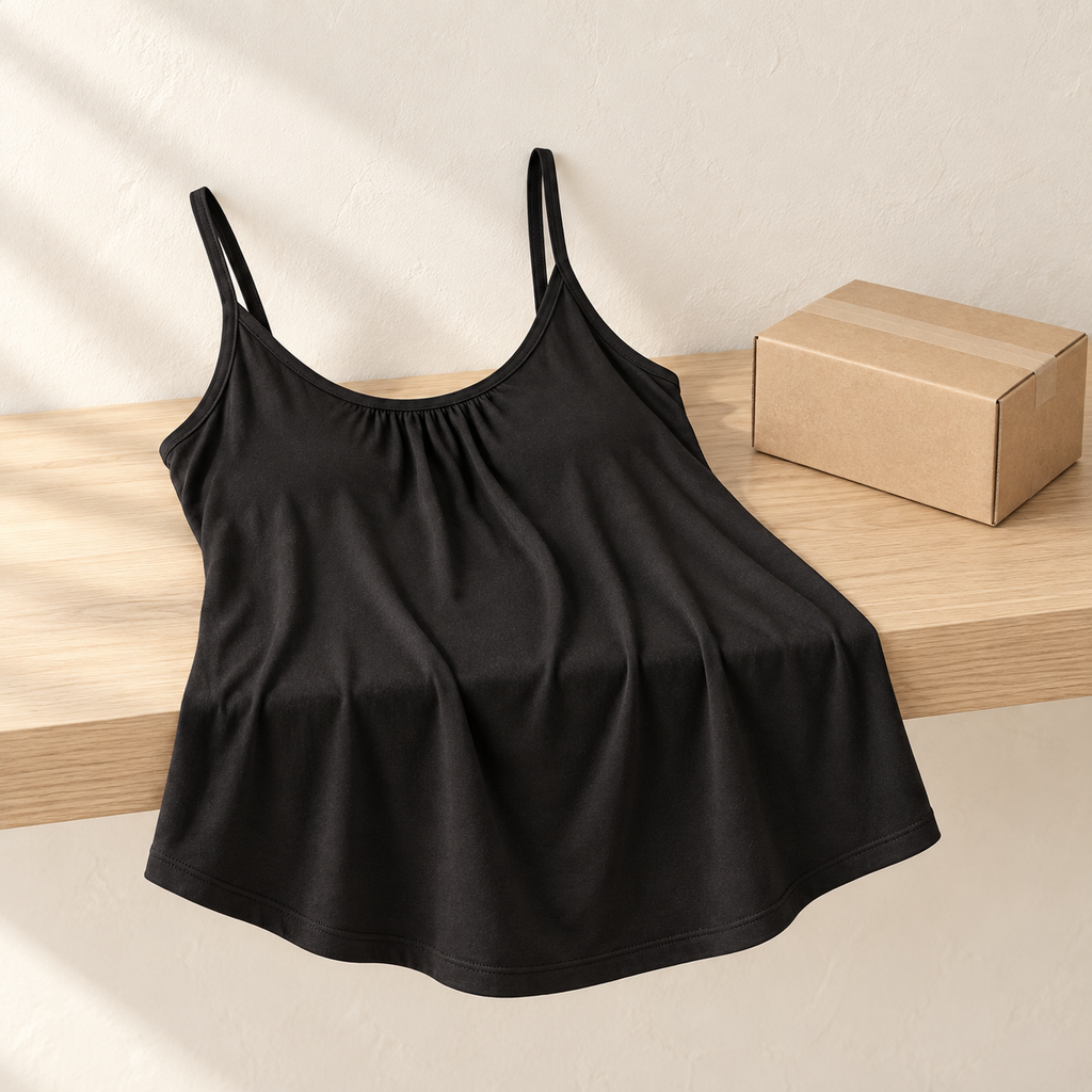 Black Everyday Tank with built-in bra laid on a wooden shelf