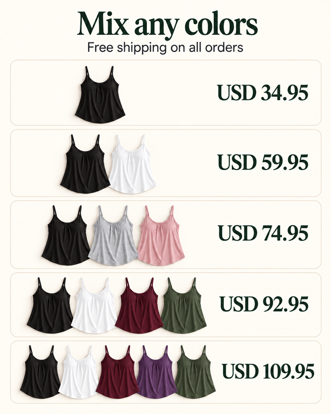 Everyday Tank bundle prices: 1 tank USD 34.95, 2 tanks USD 59.95, 3 tanks USD 74.95, 4 tanks USD 92.95, 5 tanks USD 109.95