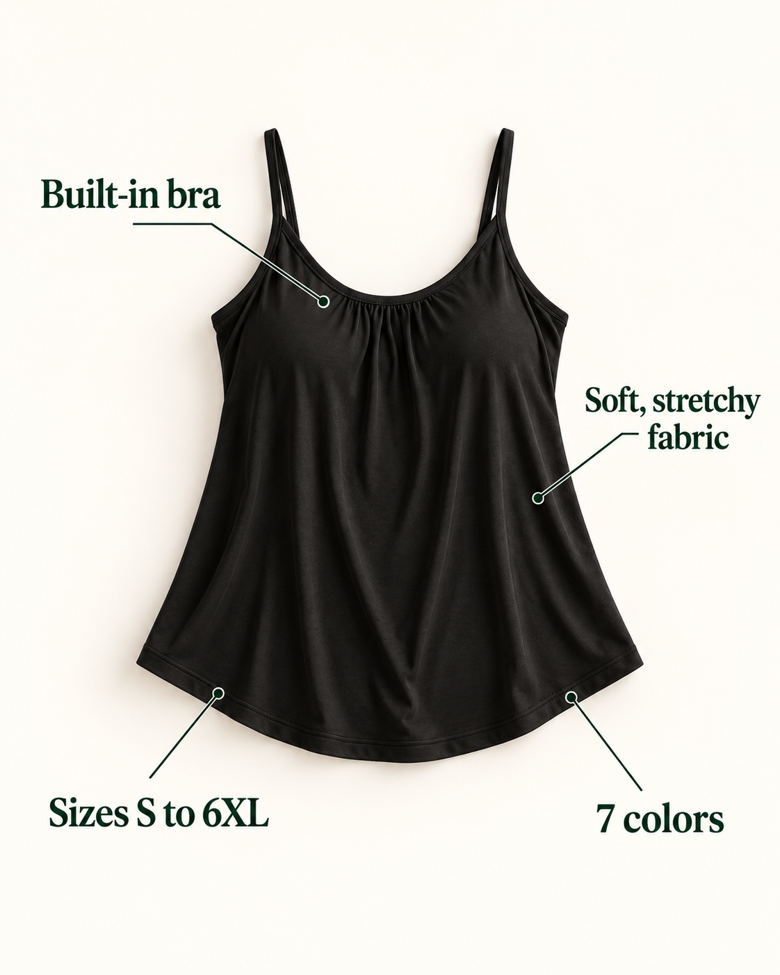 Everyday Tank features: built-in bra, soft fabric, sizes S to 6XL, 7 colors